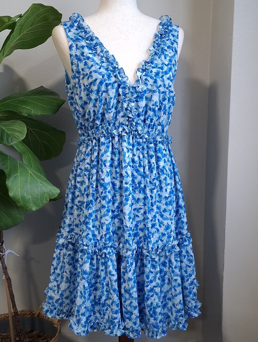 Maison Tara Blue Floral Ruffle Tie-Back Dress — New, Unworn, No Size Tag